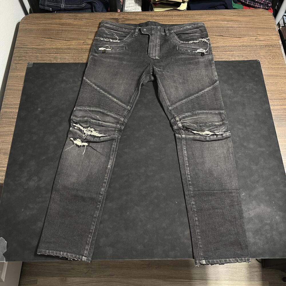 Balmain Jeans Mens 36x32 Gray Biker Moto Zipper Ribbed Denim Distressed Japan